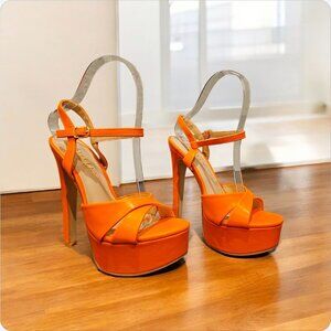 Orange Satin Open-Toe Platform High Heels With Ankle Strap